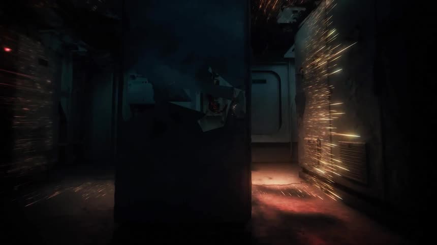 Bright orange sparks fly through a dark servidor room between metal machinery and a heavy door as a camera moves backward through the shadowy corridor