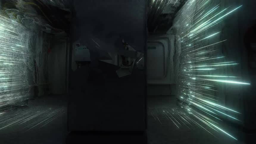 Thin streaks of teal and white light surge through a dark industrial corridor creating a sense of highspeed data flow or futuristic energy the digital light effects illuminate the weathered walls and ceiling contrasting a gritty physical environment