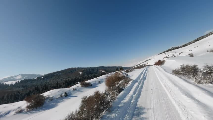 Trucks travel on a snow covered forested mountain road on a winter day