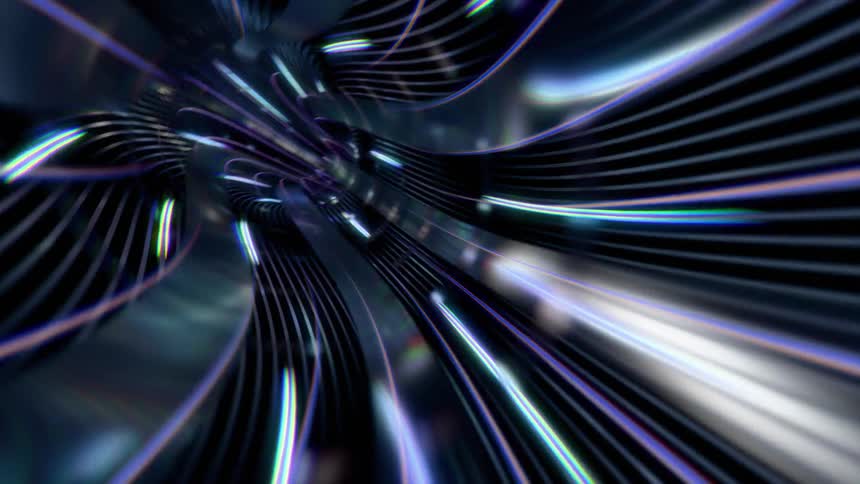 A cgi view of a tunnel with blue and purple lights