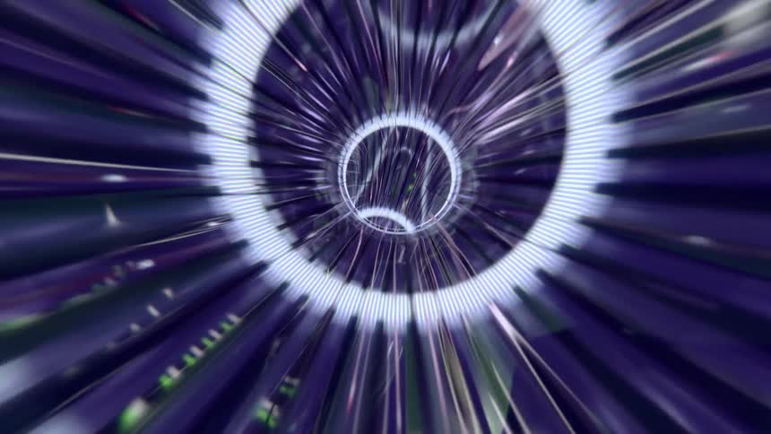 An animation flying through a purple tunnel