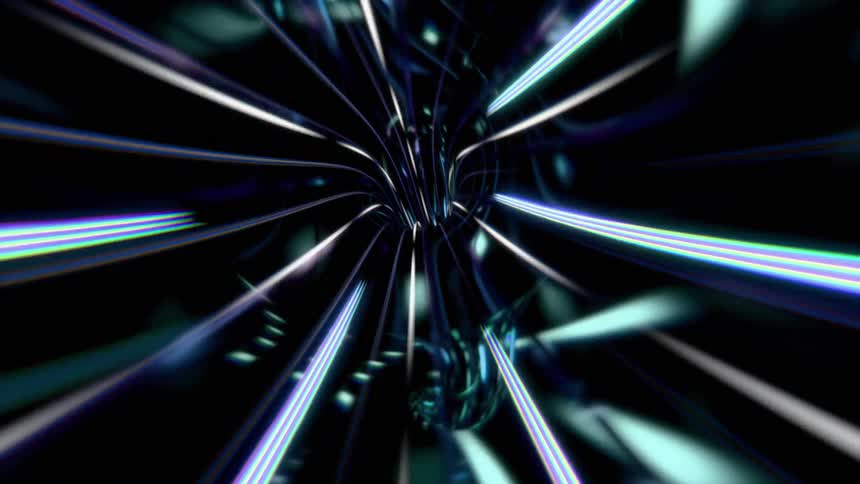 A dark digital tunnel composed of glowing blue and white light streaks that curve and pulse