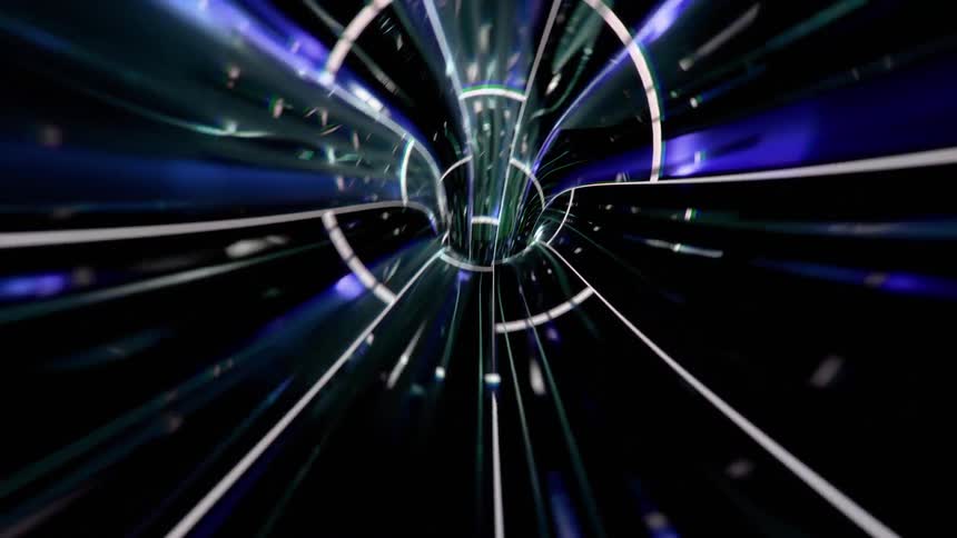 An animated tunnel with streams of green blue and black light flowing through it