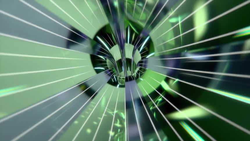 An animation of a green and purple lit tunnel