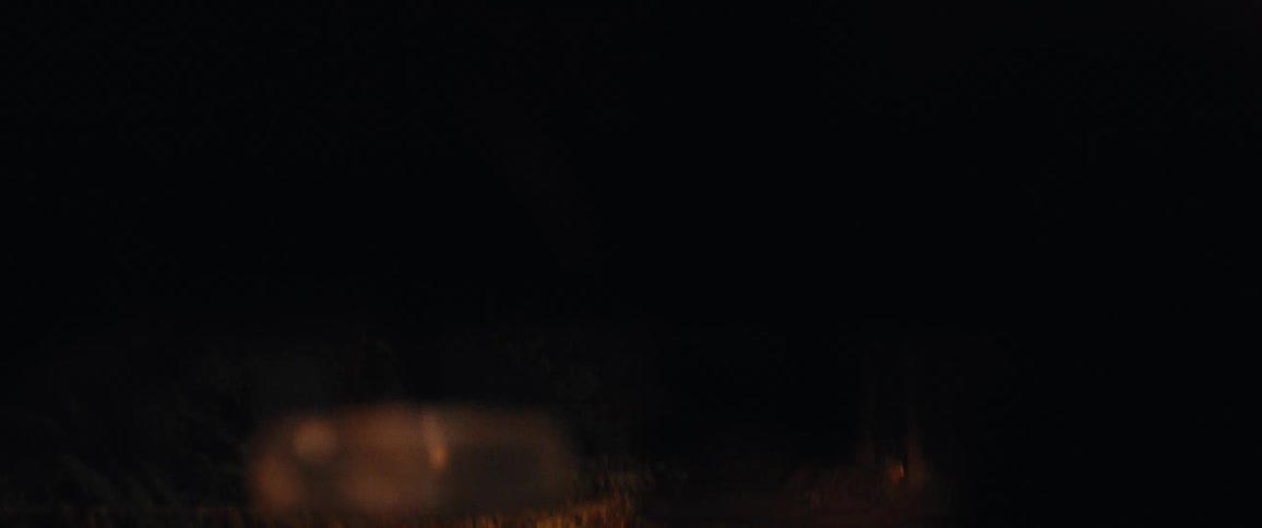 A warm light illuminates a dark dirt path and tall roadside grass at night