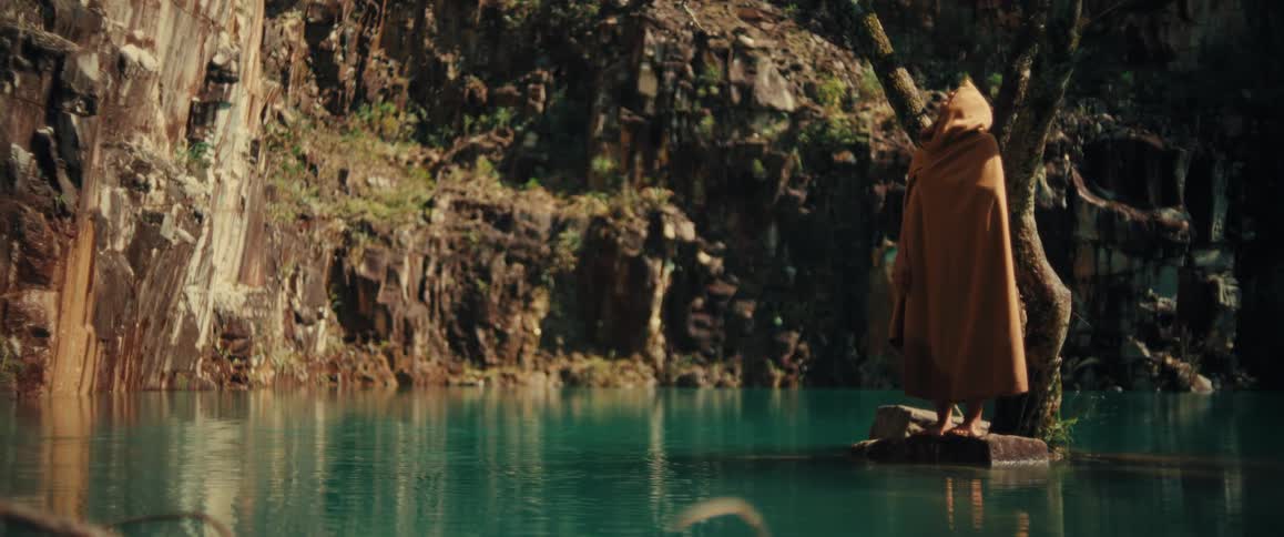 Cloaked figure stands on a boulder next to a tree in the middle of turquoise water and stares up at a cliff