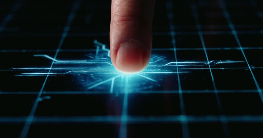 A finger touches a screen and a digital image of many circuits appears