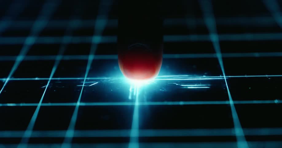Human male finger pressing against a display that activates blue led lights with different shapes indoors