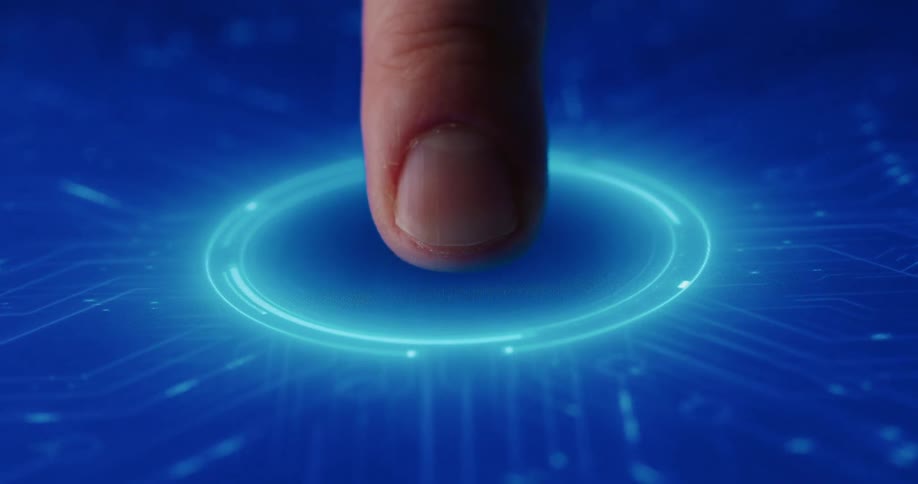 Finger touching a glowing blue circle with surrounding lines