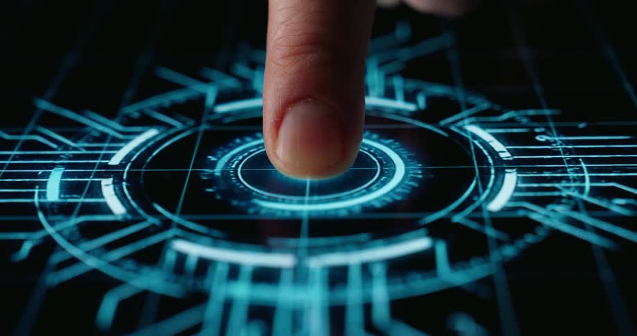 A close view shows a finger pressing a black surface as a bright blue digital interface with circles and circuit lines appears and glows under the touch
