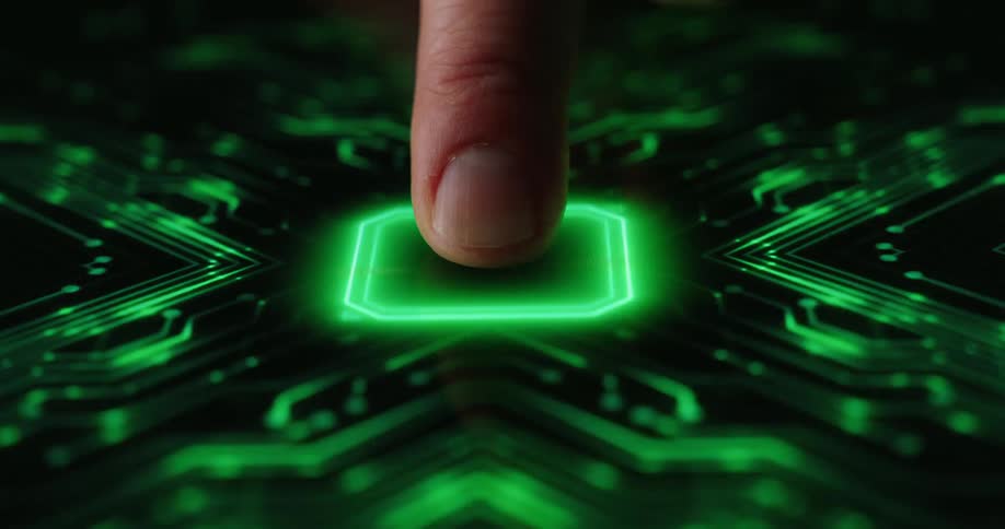 Finger pressing a glowing green chip on a board with electronic traces