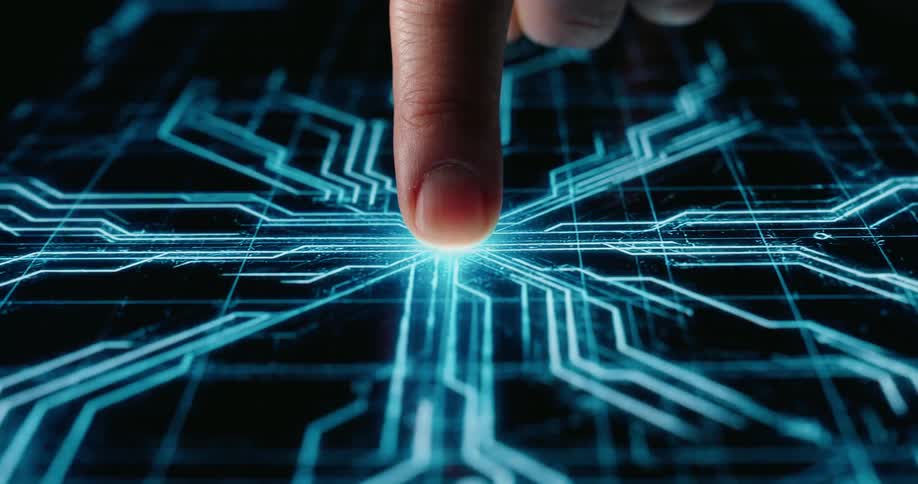 A finger touching a dark glass surface triggering a glowing blue digital circuitry animation