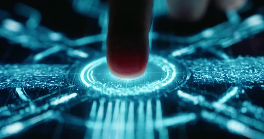 Finger pressing an illuminated circular interface with circuit patterns around it