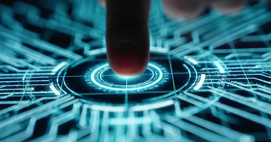 Finger touching an illuminated circular interface with surrounding circuit lines
