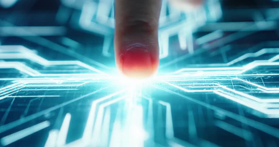 A finger touches a screen and a digital image of circuits flashes on it