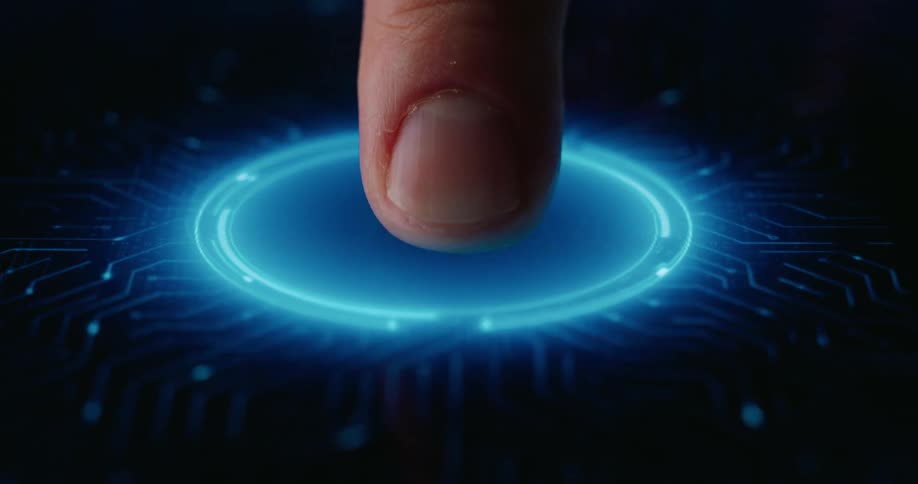 Human male finger pressing a button on a display that activates blue led lights shaped like a circuitry indoors