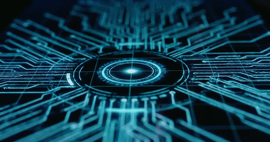 A finger touches a dark surface activating a glowing blue digital circuit board animation