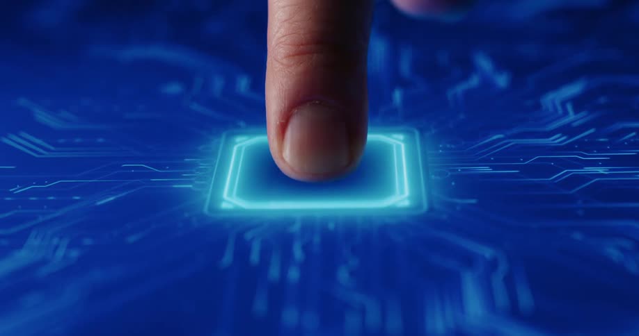 Persons finger presses down on a cyber screen as glowing digitized components emerge