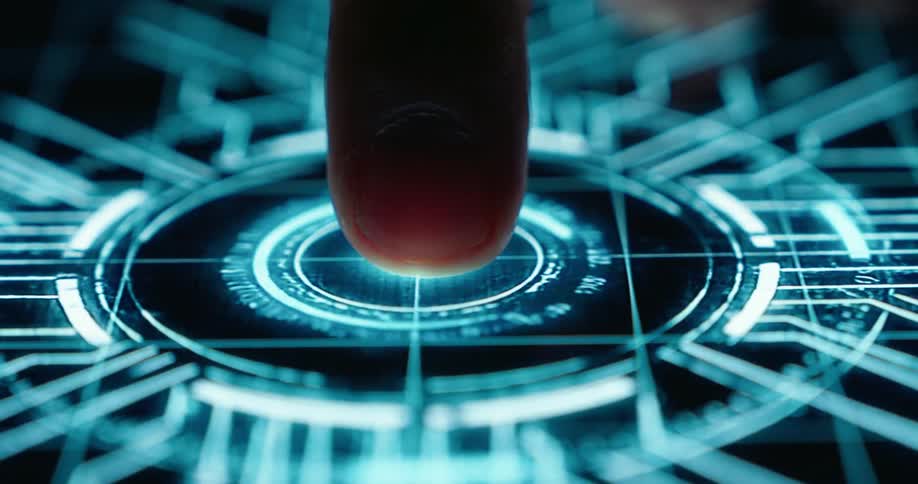 A finger touches a screen and a digital graphic appears around it