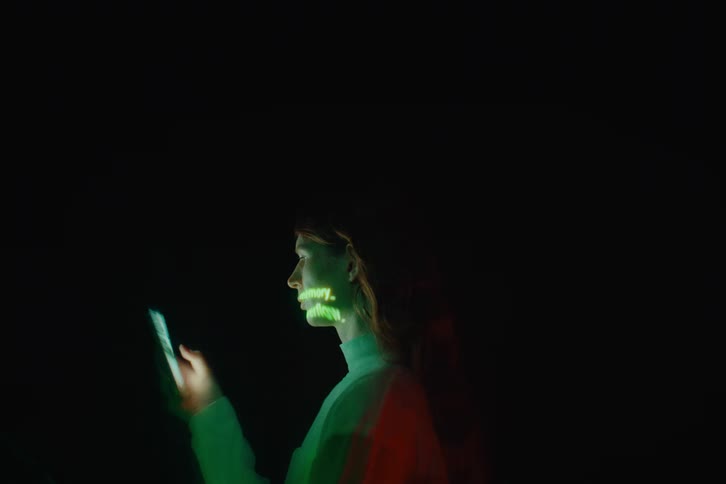 Androgynous person wearing a white shirt standing and using a smartphone on their hand with green text projected over their face in a dark room indoors