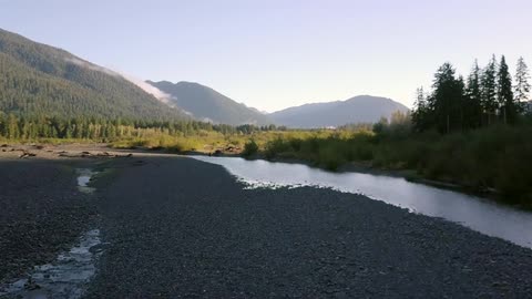 View of a river flowing through trees and mountains