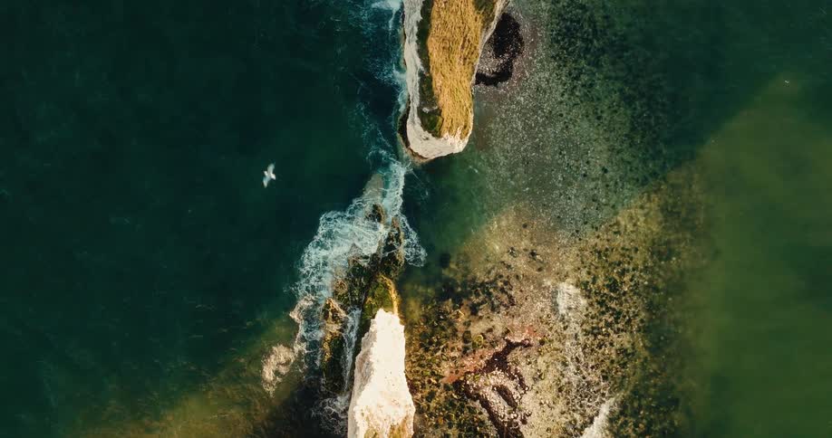 This topdown aerial footage captures white sea stacks rising from turquoise waters as waves crash against the rocky base a few seagulls fly over the coast adding movement to the peaceful scene of the sunlit shoreline