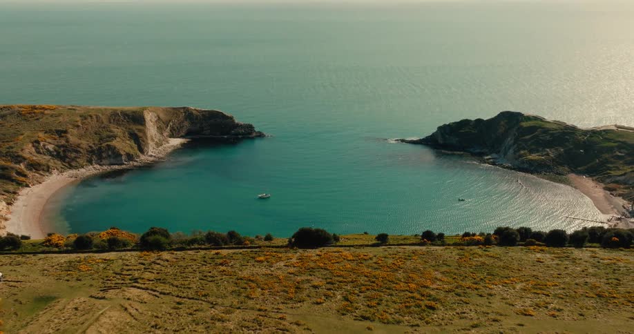 The bay is filled with blue water