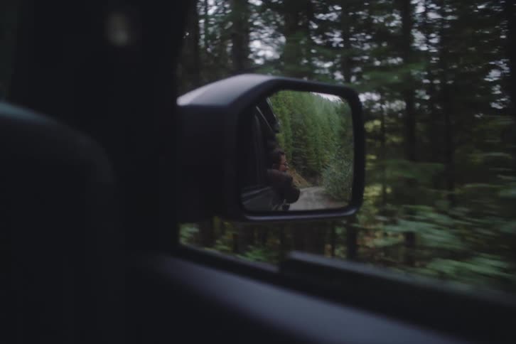 A car drives through the forest on a road in the countryside at midday