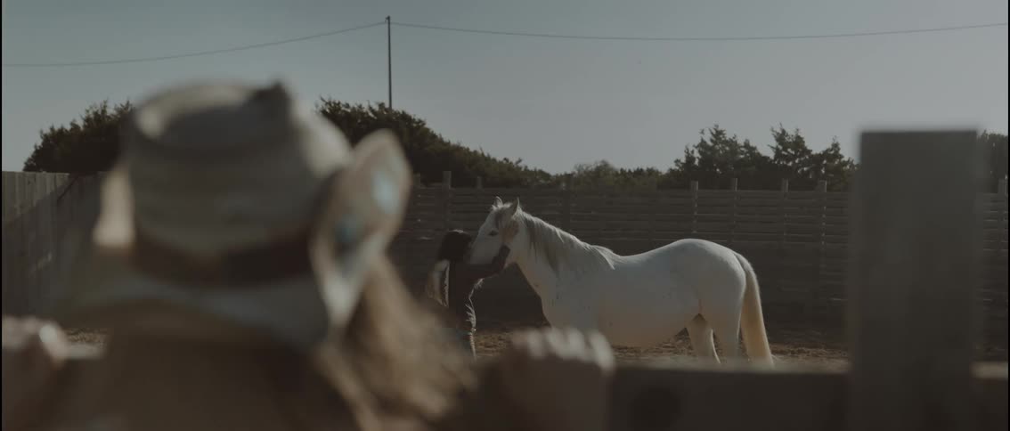 A person wearing a cowboy hat watches from the foreground as an individual stands with a white horse inside a wooden corral