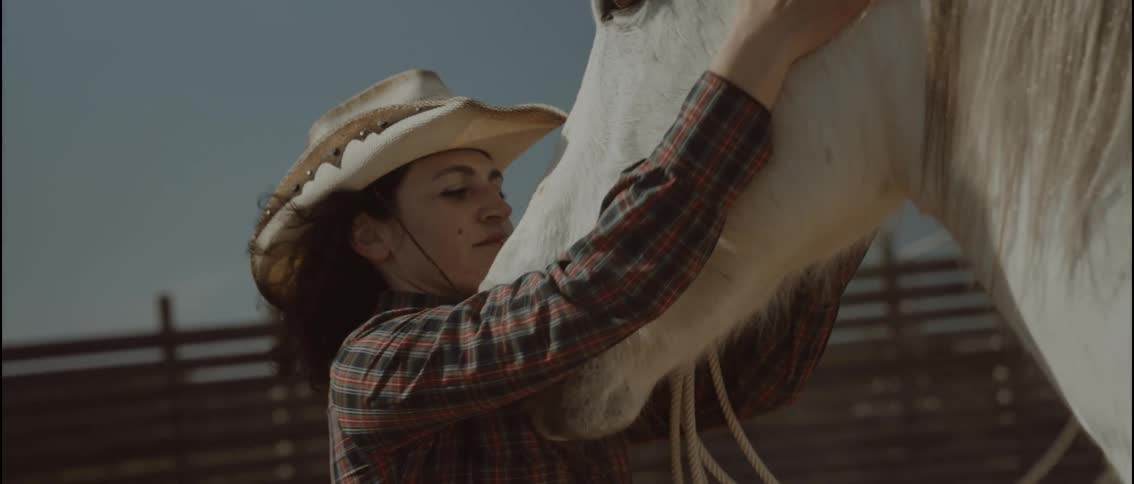A woman petting a horse outdoors