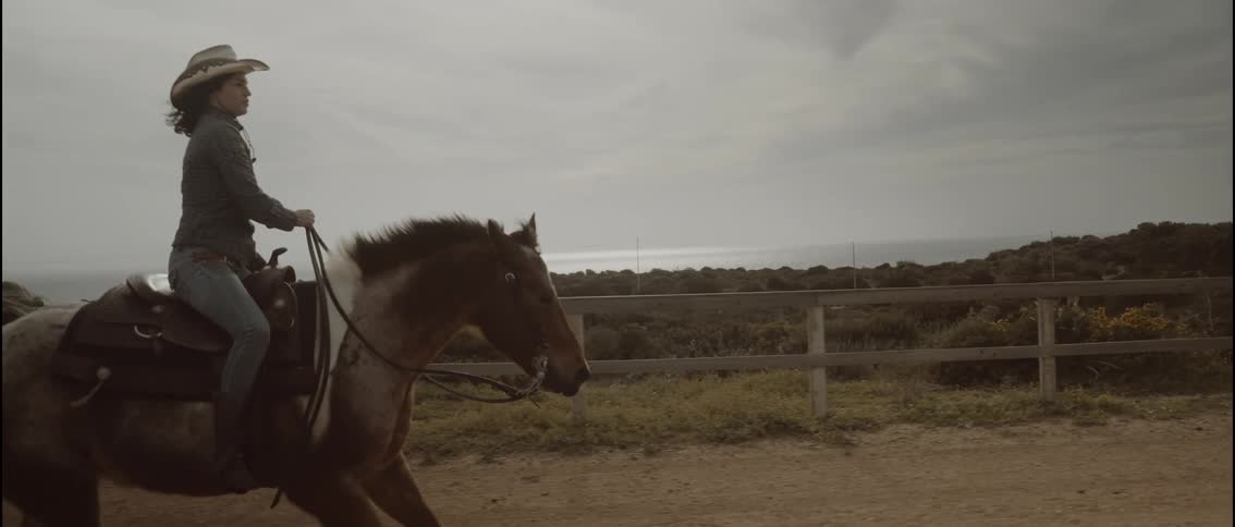 Person riding a spotted horse in a fenced arena