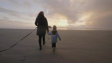 Woman walking on beach with little boy and dog on leash