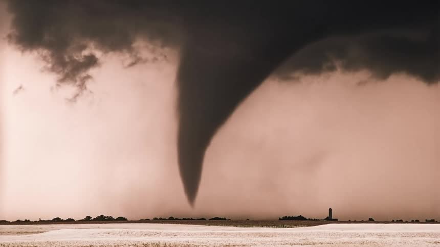 Huge dark tornado funnel cloud moves over land along the coast