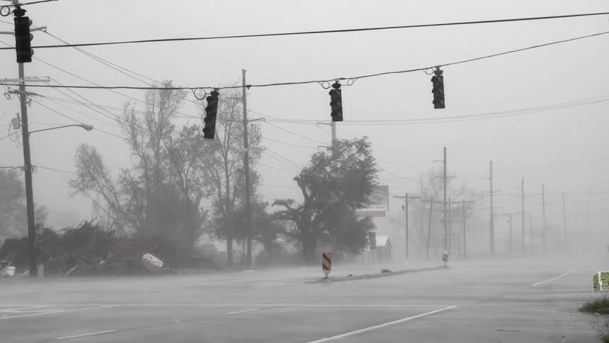 Heavy wind and rain blows the traffic lights on the road