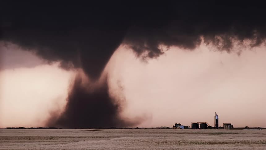 Tornado lifting a large dust cloud over a rural area with structures nearby