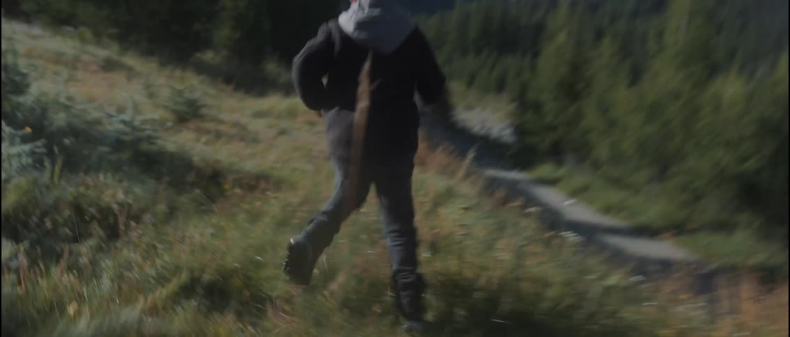 A young boy runs with his dog across a hilly landscape towards a forest