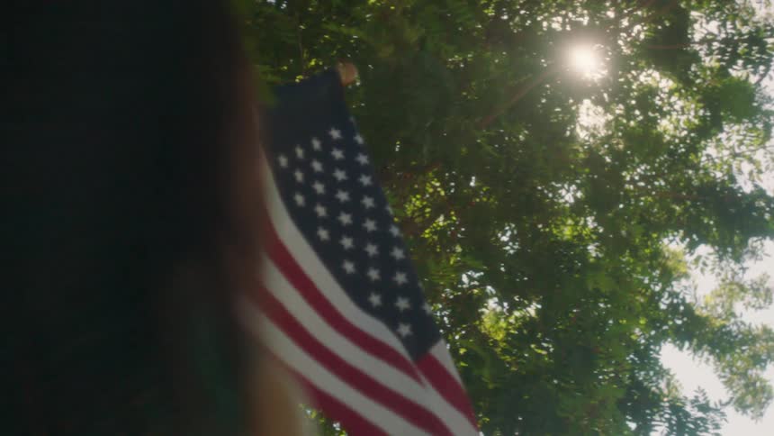 American flag waving in the wind below a tree on sunny day