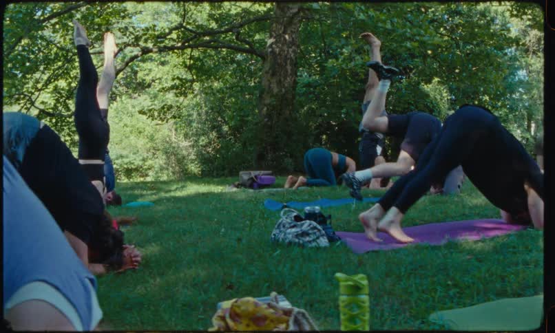 A group of people attempt to perform headstands in an outdoor yoga class
