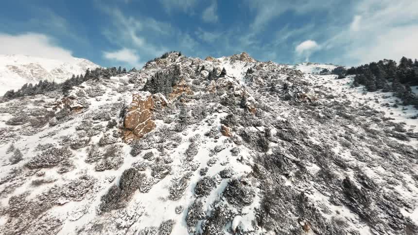 Snow covers rocks and rough terrain of forested mountains under a cloudy sky