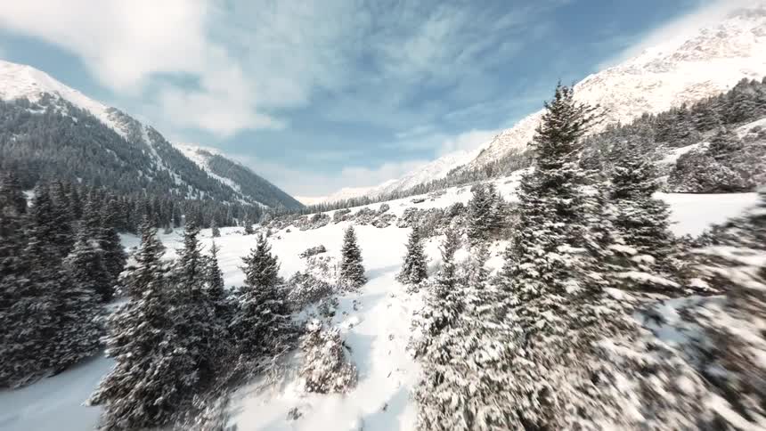 Snowcovered valley with partially visible river among pine trees and mountains in the background
