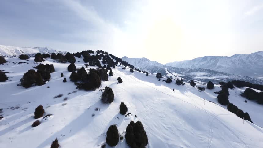 A drone flies over a vast mountain range covered in deep snow and dark evergreen trees under a bright winter sky
