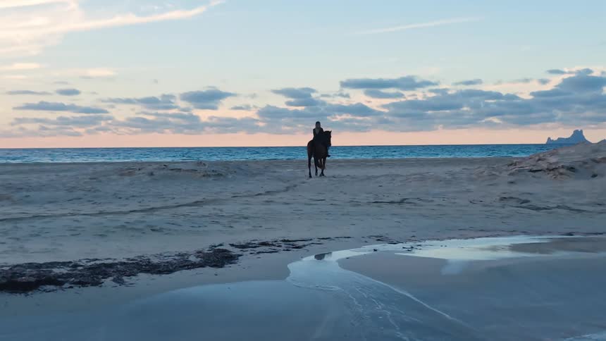 A person rides a horse along the sandy beach at sunset as ocean waves crash against the shoreline