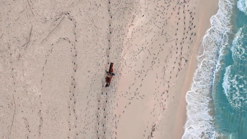 Woman rides her horse across the beach as clear water waves splash in to shore and over the sand