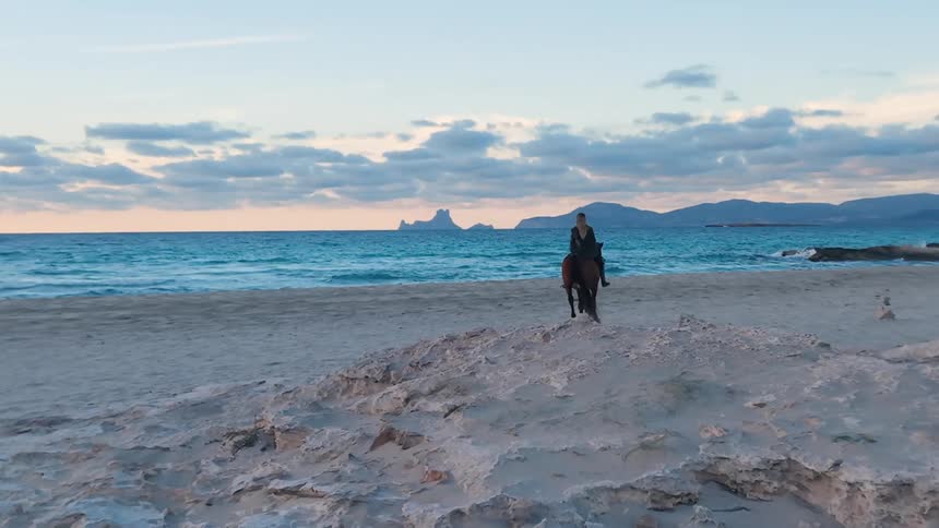 Blonde woman rides a horse on the beach in the early evening