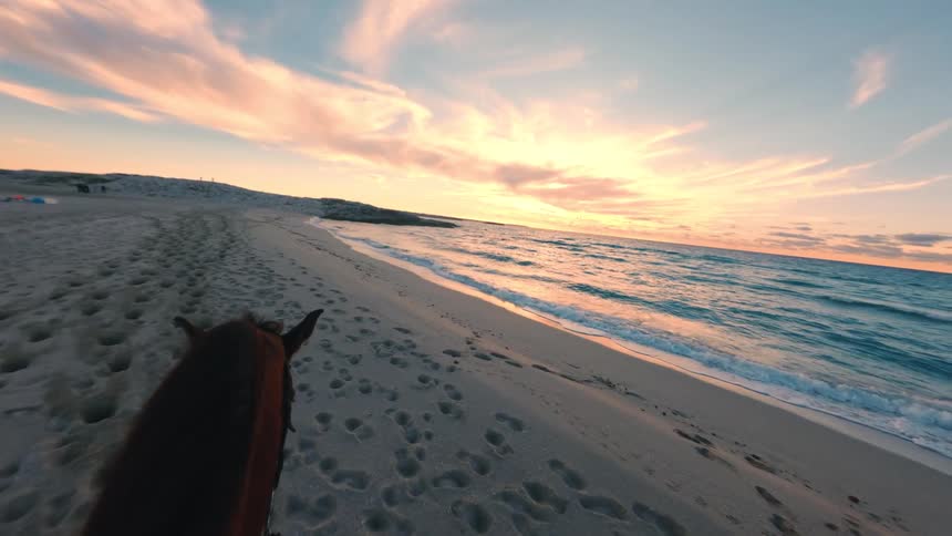 A point of view shot a person on a brown horse that walks along a sandy beach towards the setting sun while blue waves crash onto the shore under a sky filled with pink clouds