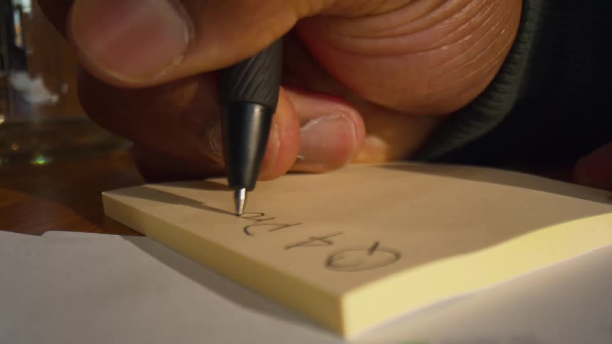 Hand writing on yellow notepad with black pen on table with documents