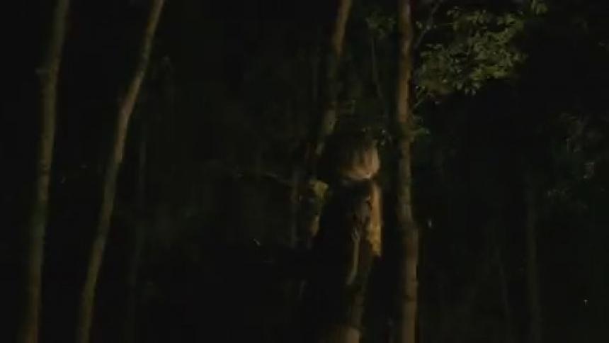 A woman is dancing outside near some trees at night while lights flash