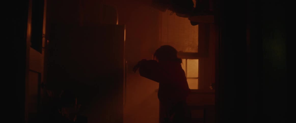 A woman dances under a flashing kitchen light