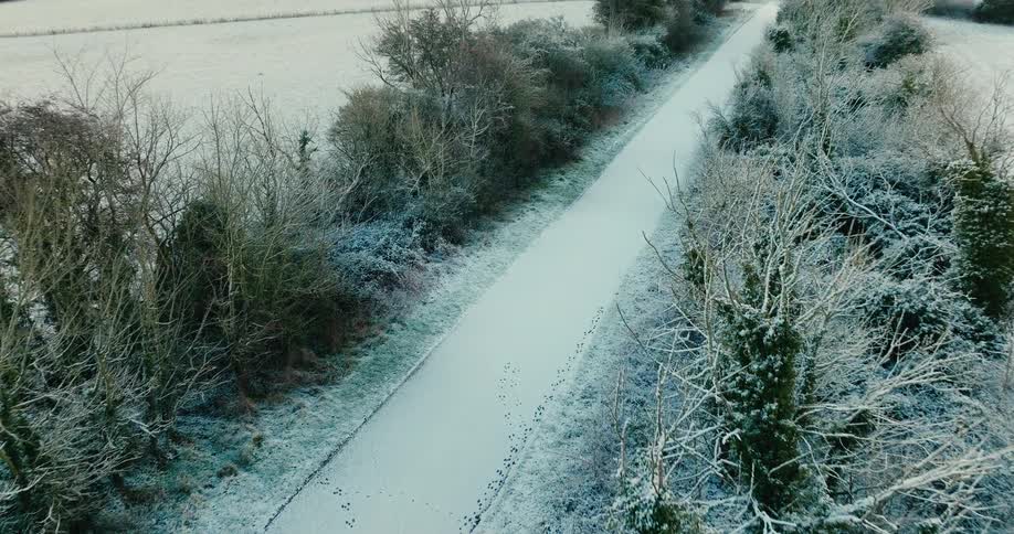 Snow covered highway passes fields bordered by frosted trees on a winter day