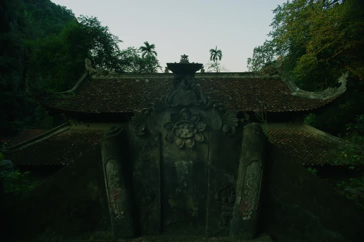 Multi roofed building with a decorated stone structure grows in the woods